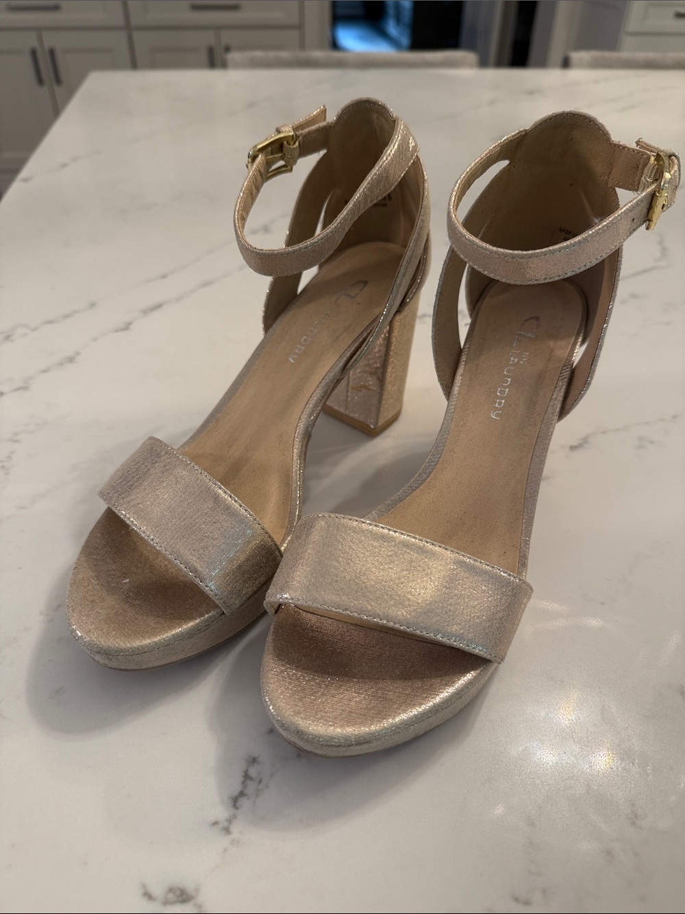 Chinese Laundry Gold Metallic Ankle-Strap Block Heel Sandals - Size 8